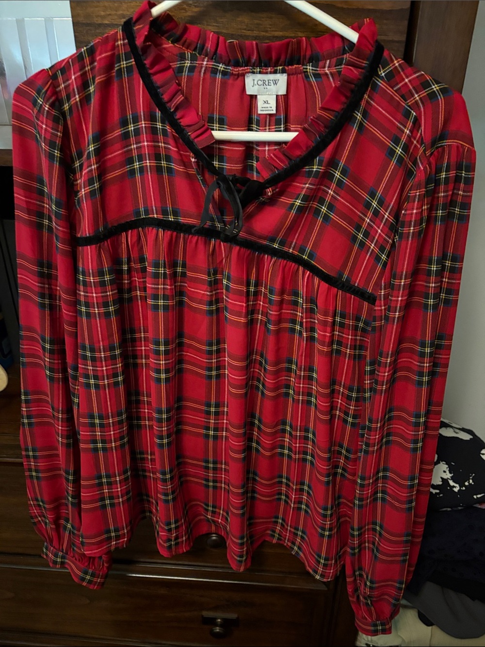 J. Crew Red Plaid Ruffle-Yoke Tie-Neck Blouse